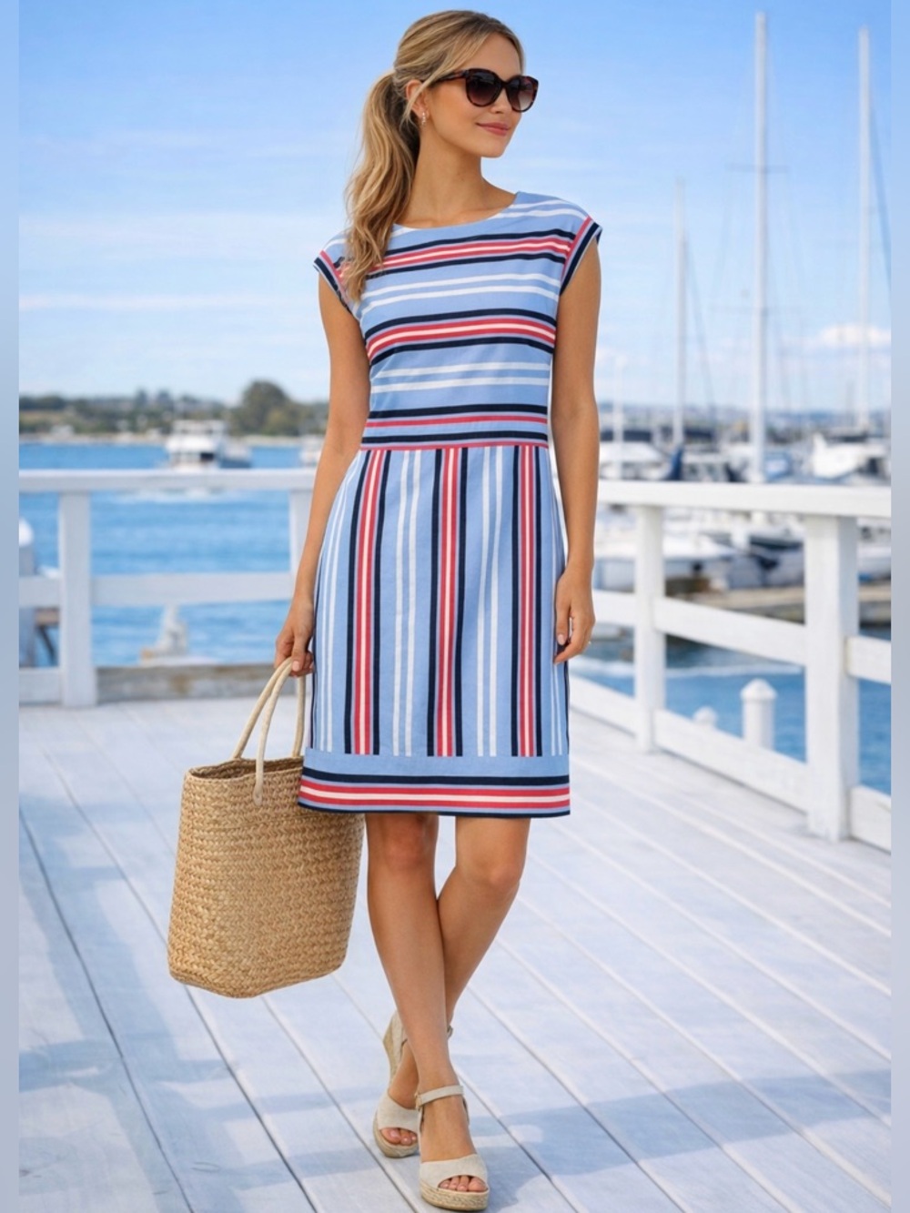 Love Moschino Nautical Stripe Dress Blue Red White Cap Sleeve Preppy Resort~10🧡